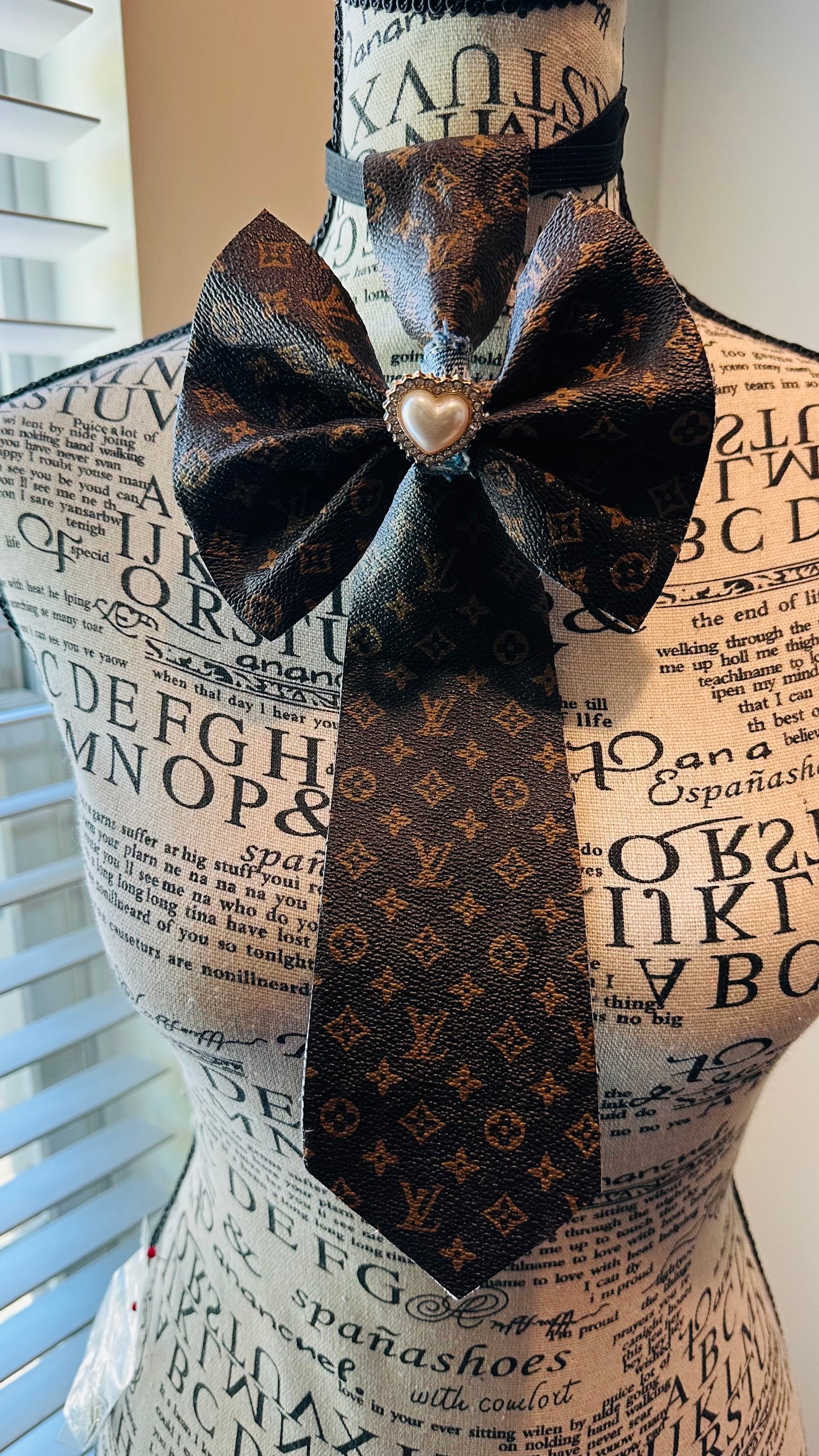 Little Trendsetter Brown Soft Leather & Distressed Denim Bowtie Necktie