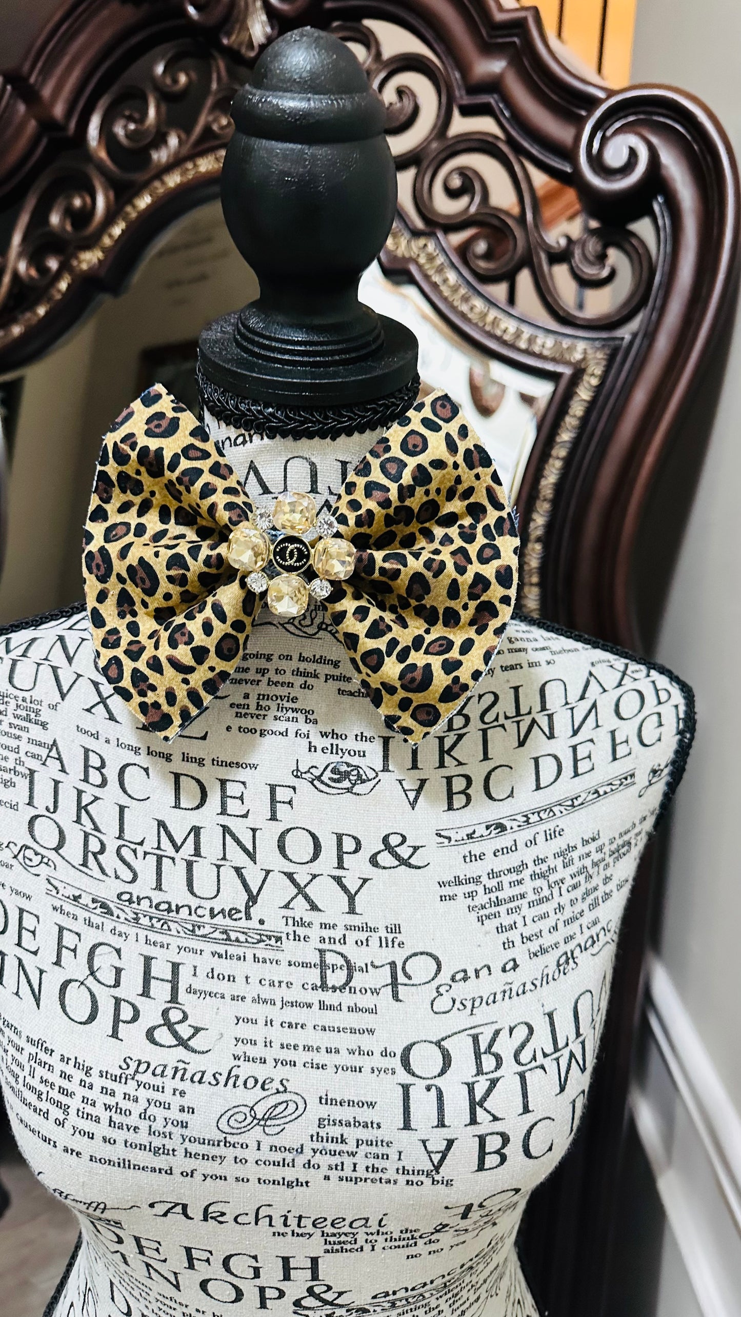 Light Brown Leopard Print Bowtie with large center brooch