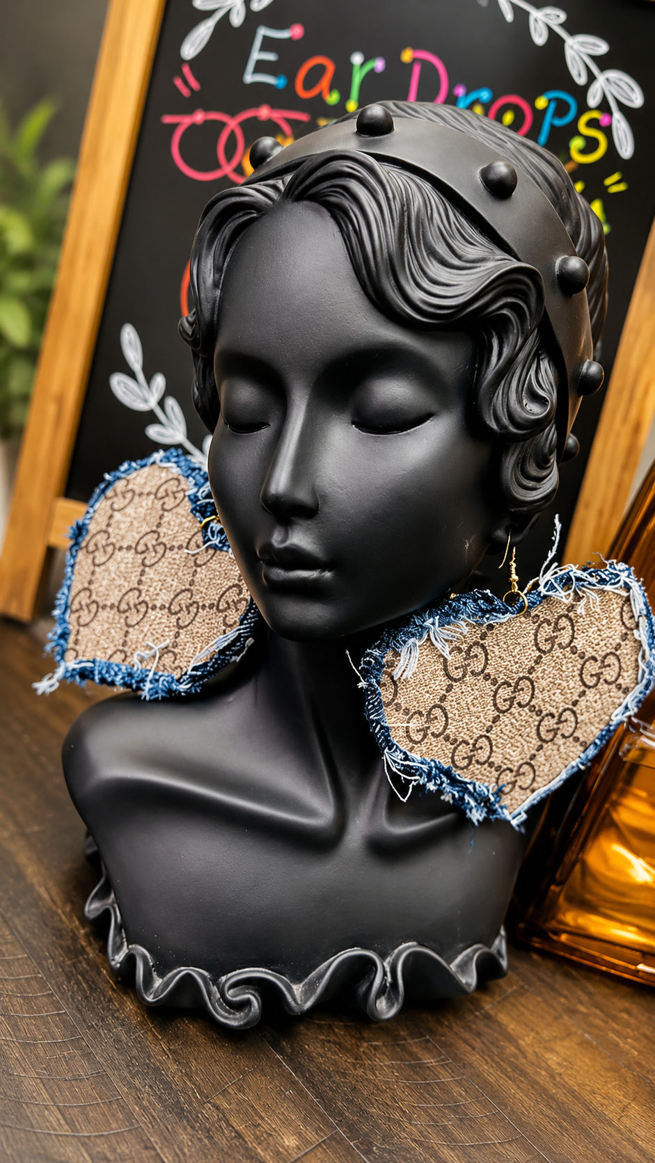 Leather & Distressed Fringed Denim GiGi Heart Shape Earrings