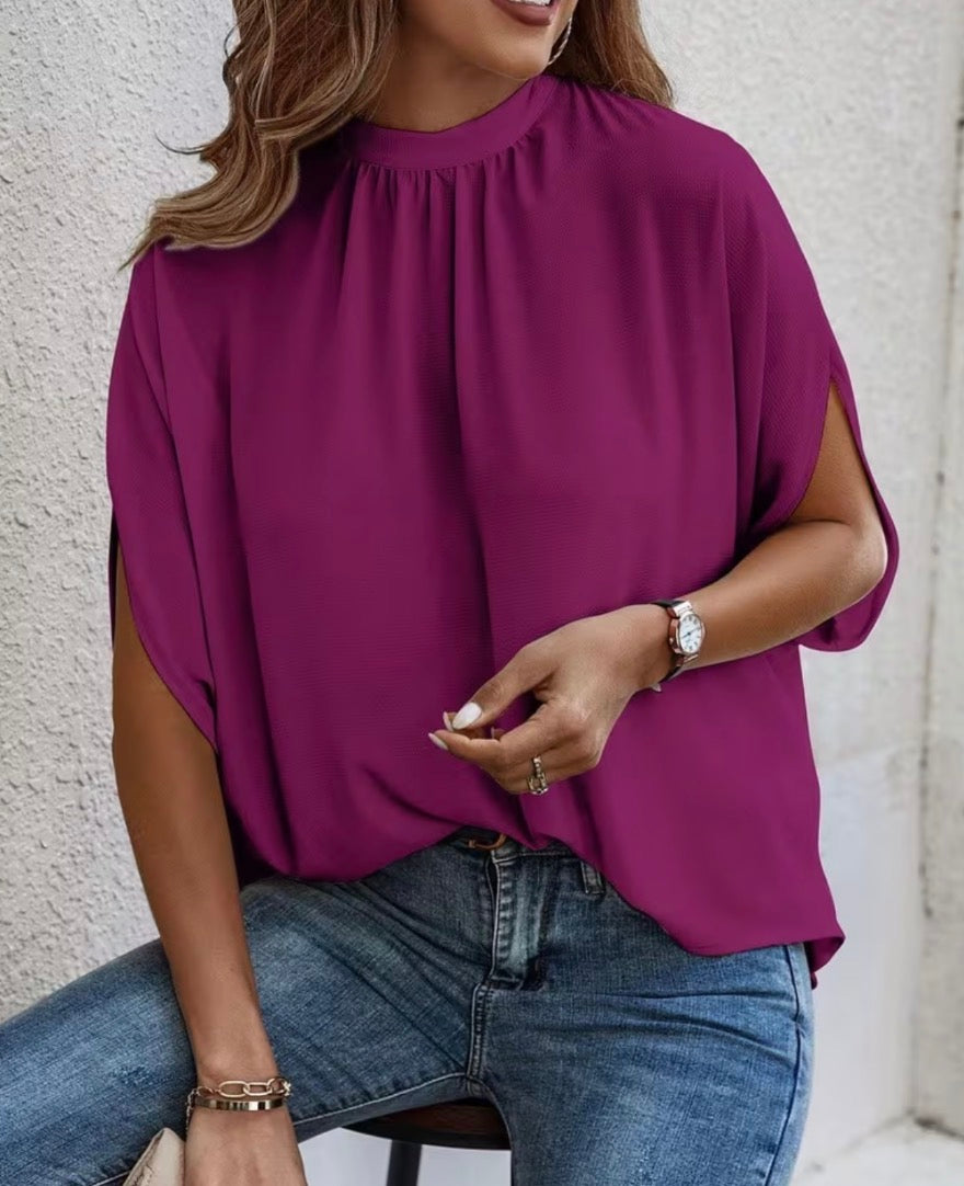 Purple / Fuchsia short sleeve women’s summer blouse with loose draped