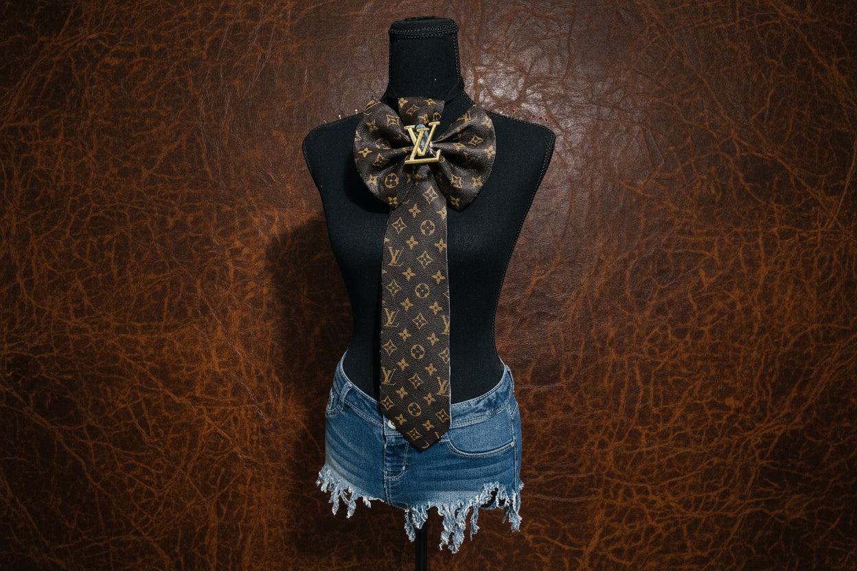 Dark Chocolate L’Vee Soft Leather & Denim Distressed Bowtie Necktie