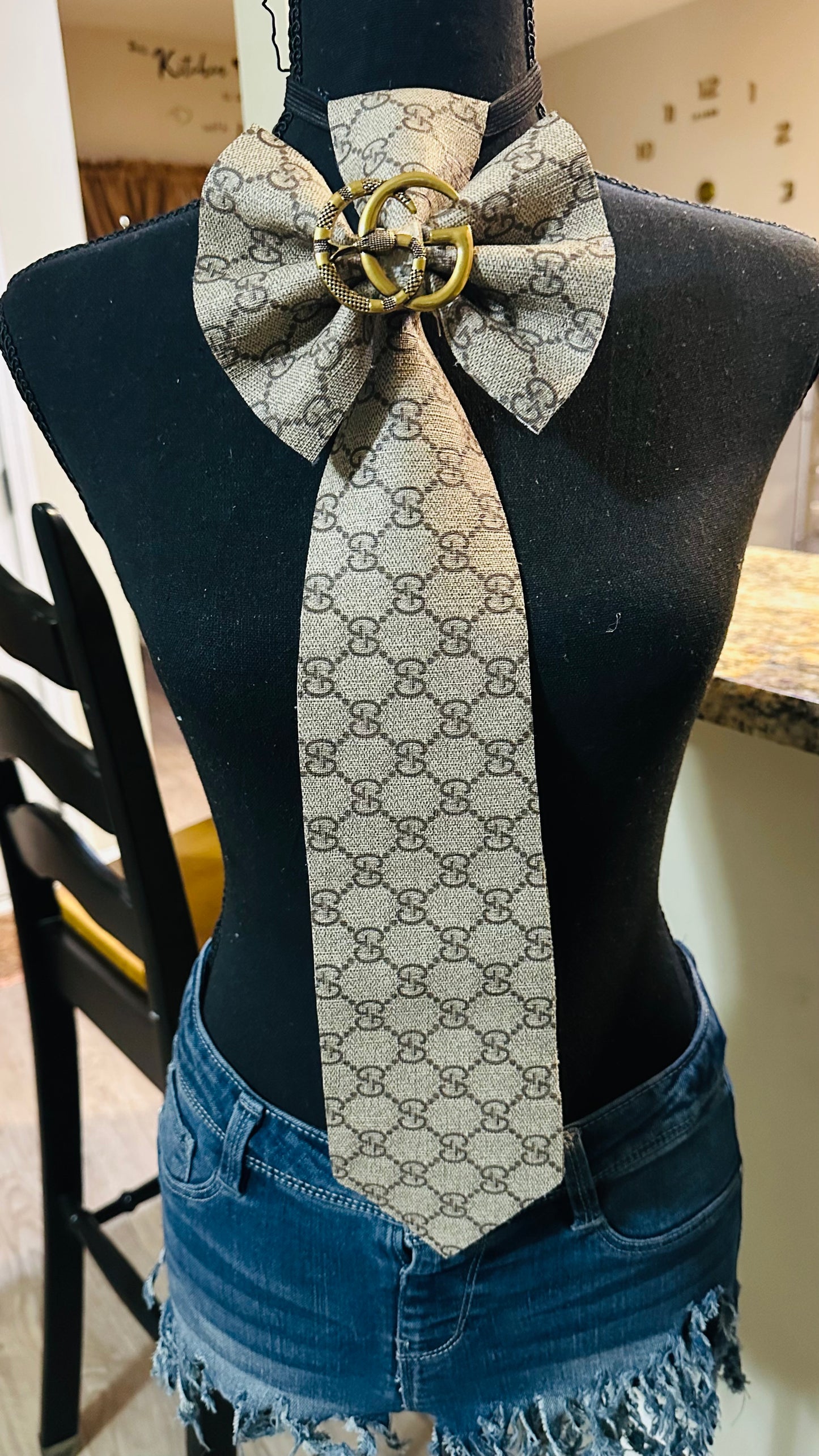 Signature GiGi Leather & Distressed Denim with Center Brooch Bowtie Necktie
