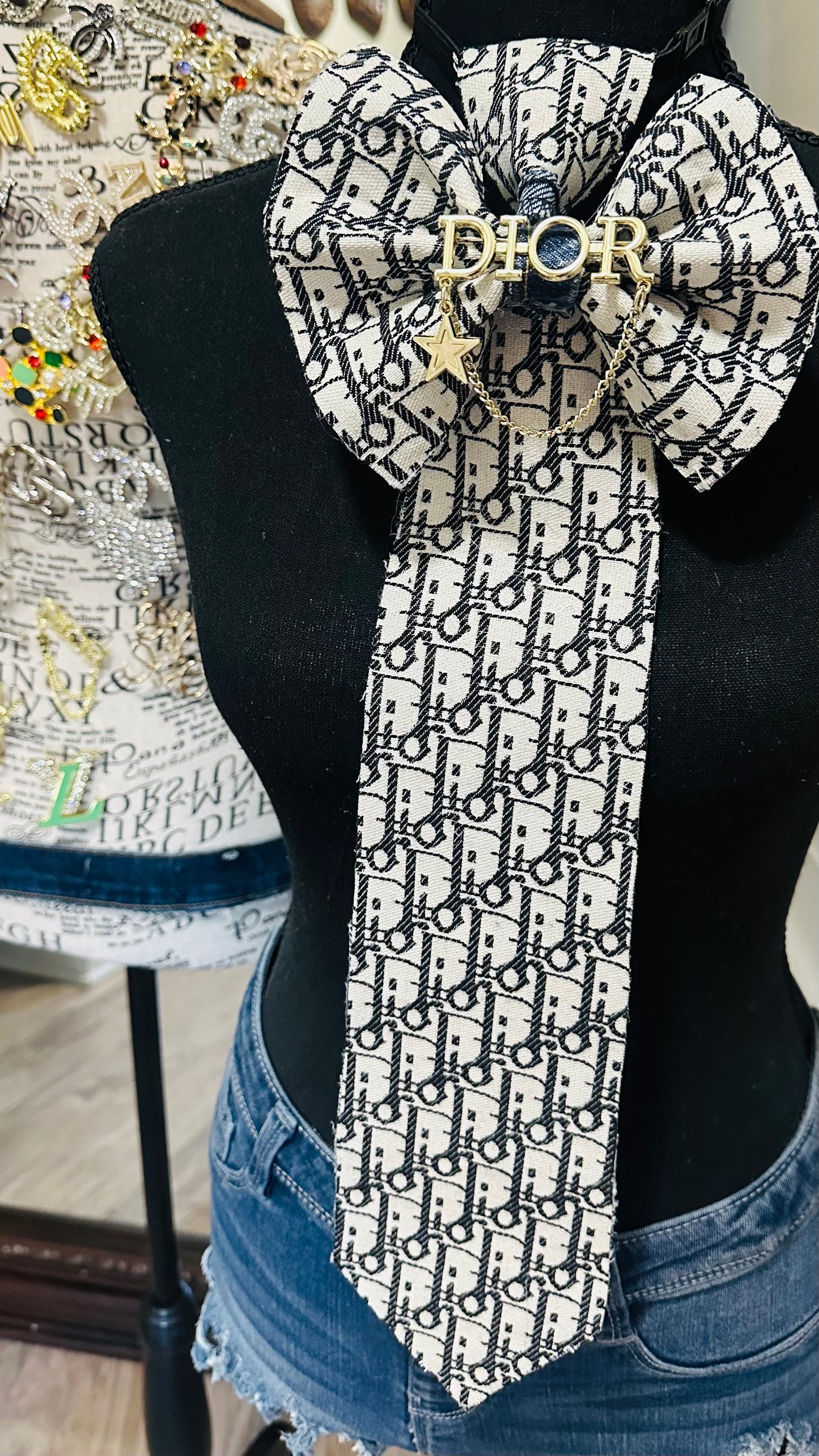 Black & White Diora with Distressed Denim Bowtie Necktie
