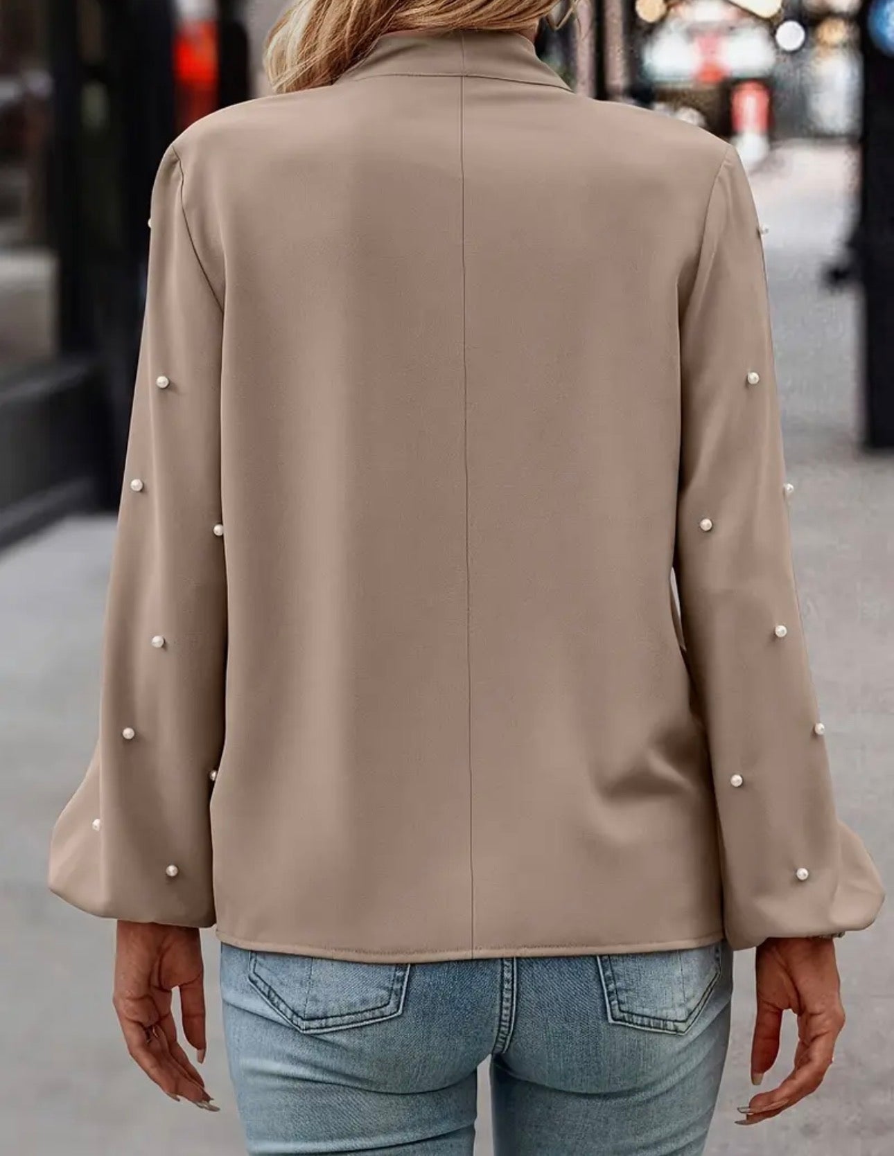 Khaki Solid Color with Faux Pearls Fashion Blouse