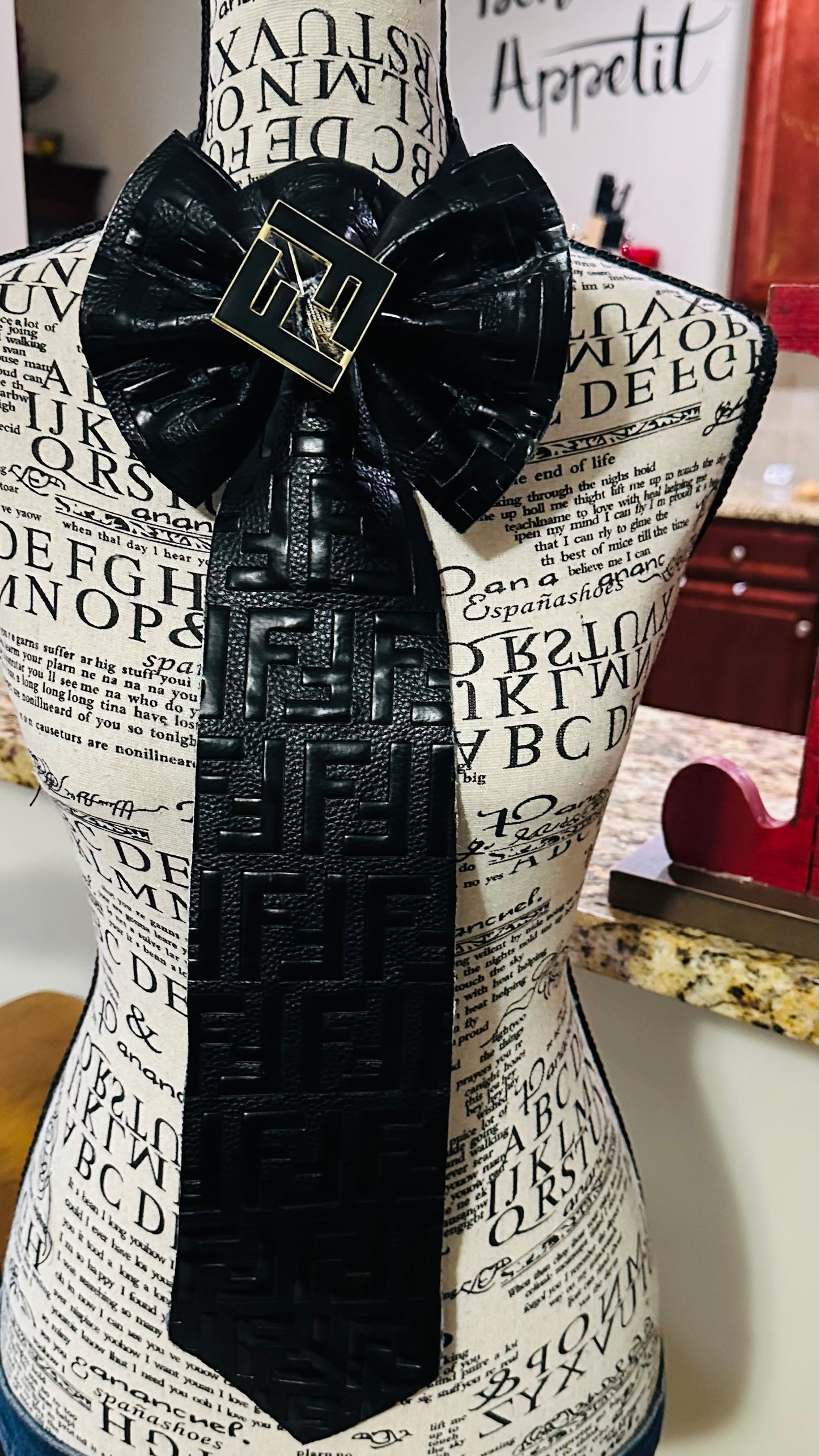 Black Leather & Distressed Denim Fendia Bowtie Necktie