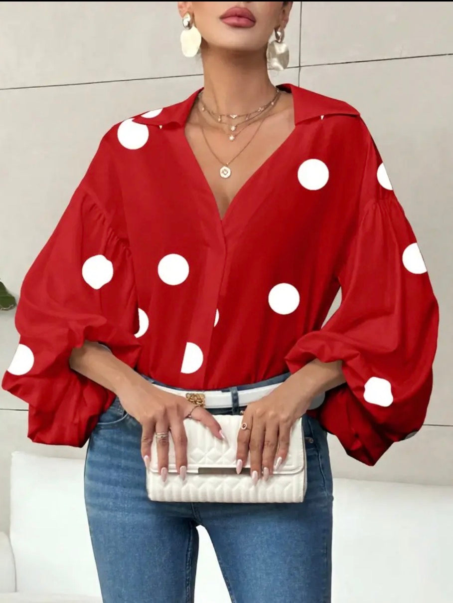 Red French polkadot women’s fashion blouse with loose bubble top 