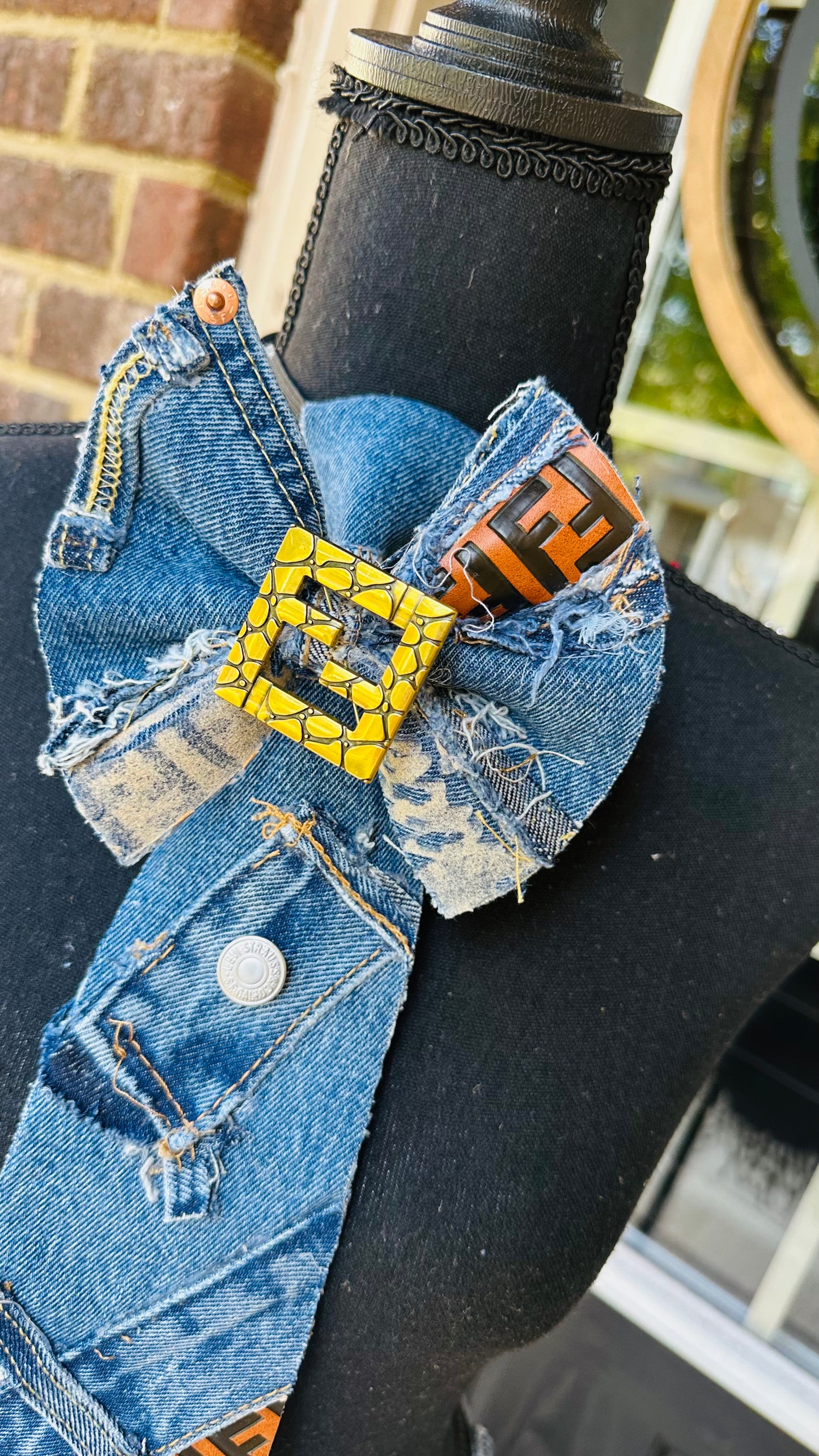 Upcycled Fendia Distressed Denim Bowtie Necktie