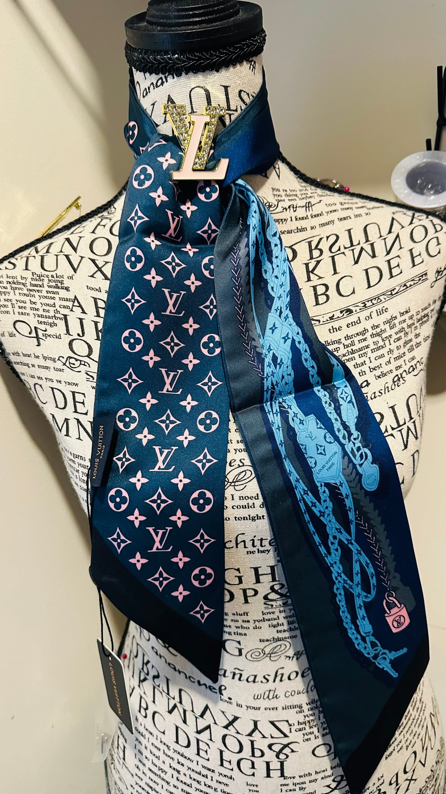 Pink & Navy L’Vee Silk Scarf with Brooch