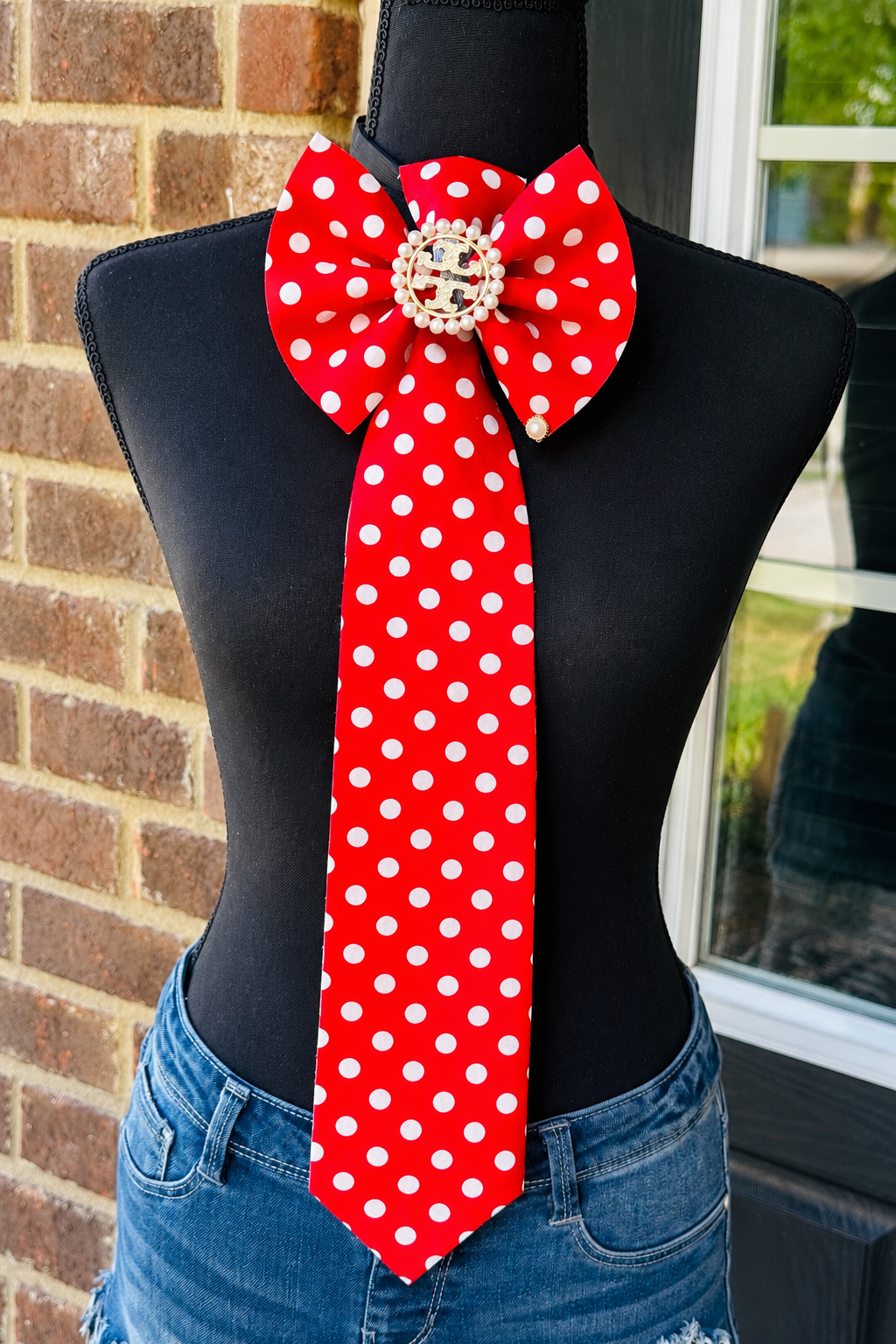 Red & White Polka Dot Fabric & Denim Statement Bowtie Necktie – Tory Burch Miller-Inspired Brooch or Other Inspired Brooch