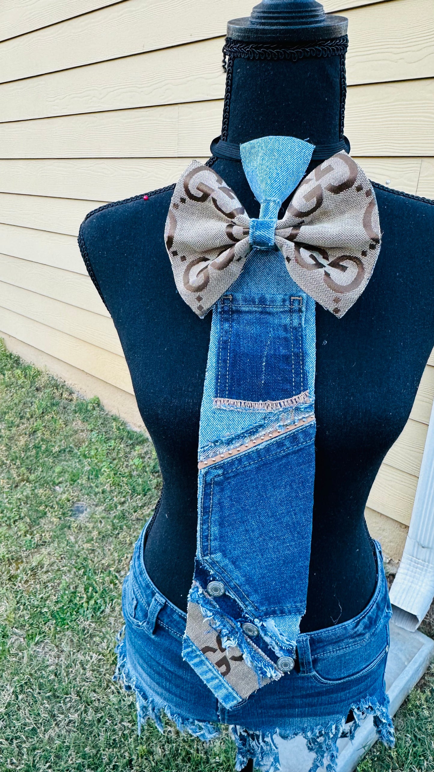 Big Brown GiGi Freestyle Patchwork Distressed Denim Bowtie Necktie