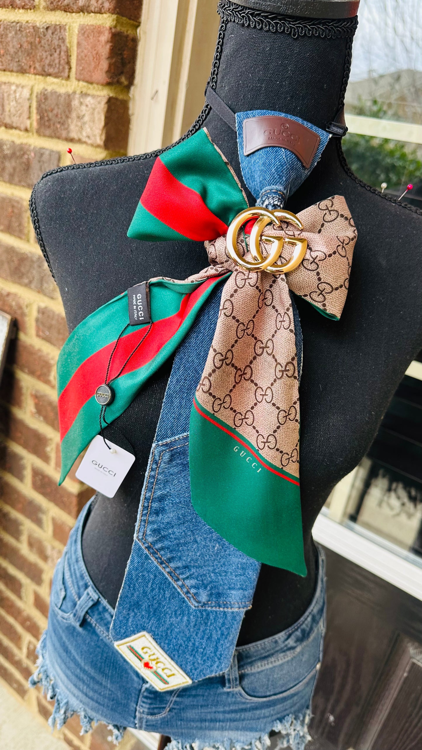 GiGi Silk Scarf & Distressed Denim Necktie with embroidery patches