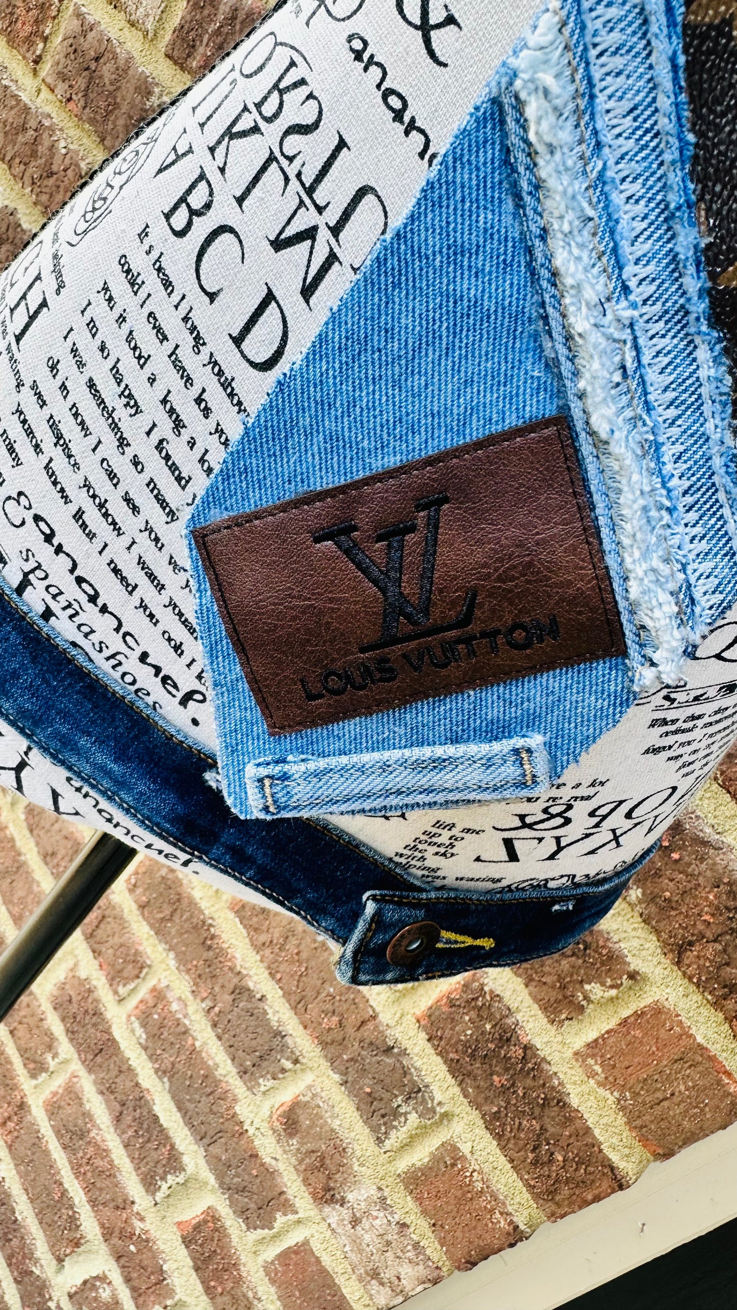 Lauris Distressed Denim Bowtie Necktie (with brooch and embroidery patch)