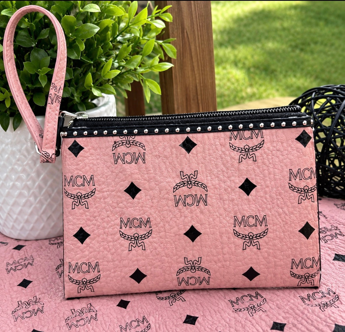 Dusty Rose Pink & Black Customized Wristlet Pouch.