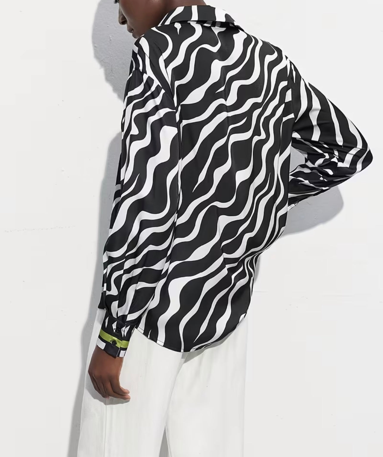 Women’s Black & White Lime Green Fashion Contrast Long Sleeve Printed Blouse