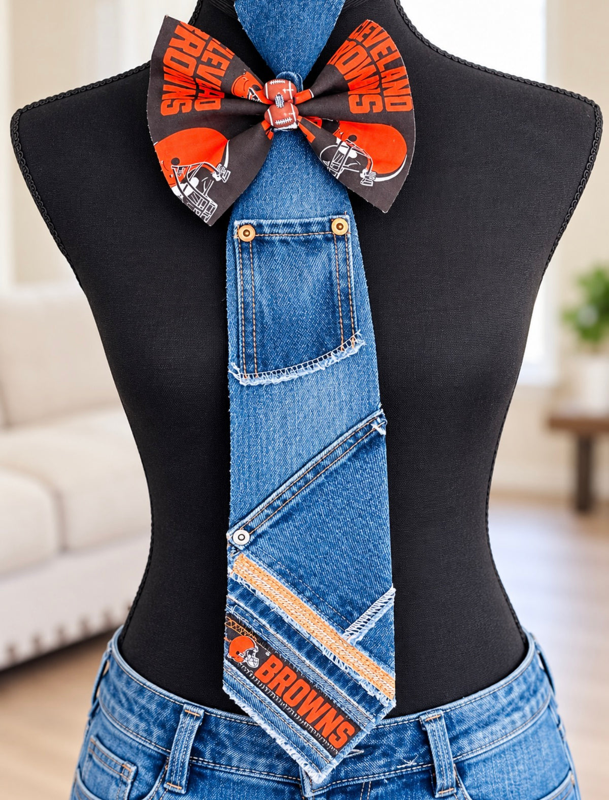 Cleveland Browns NFL Distressed Denim Patchwork Bowtie Necktie & Matching Wristlet Set