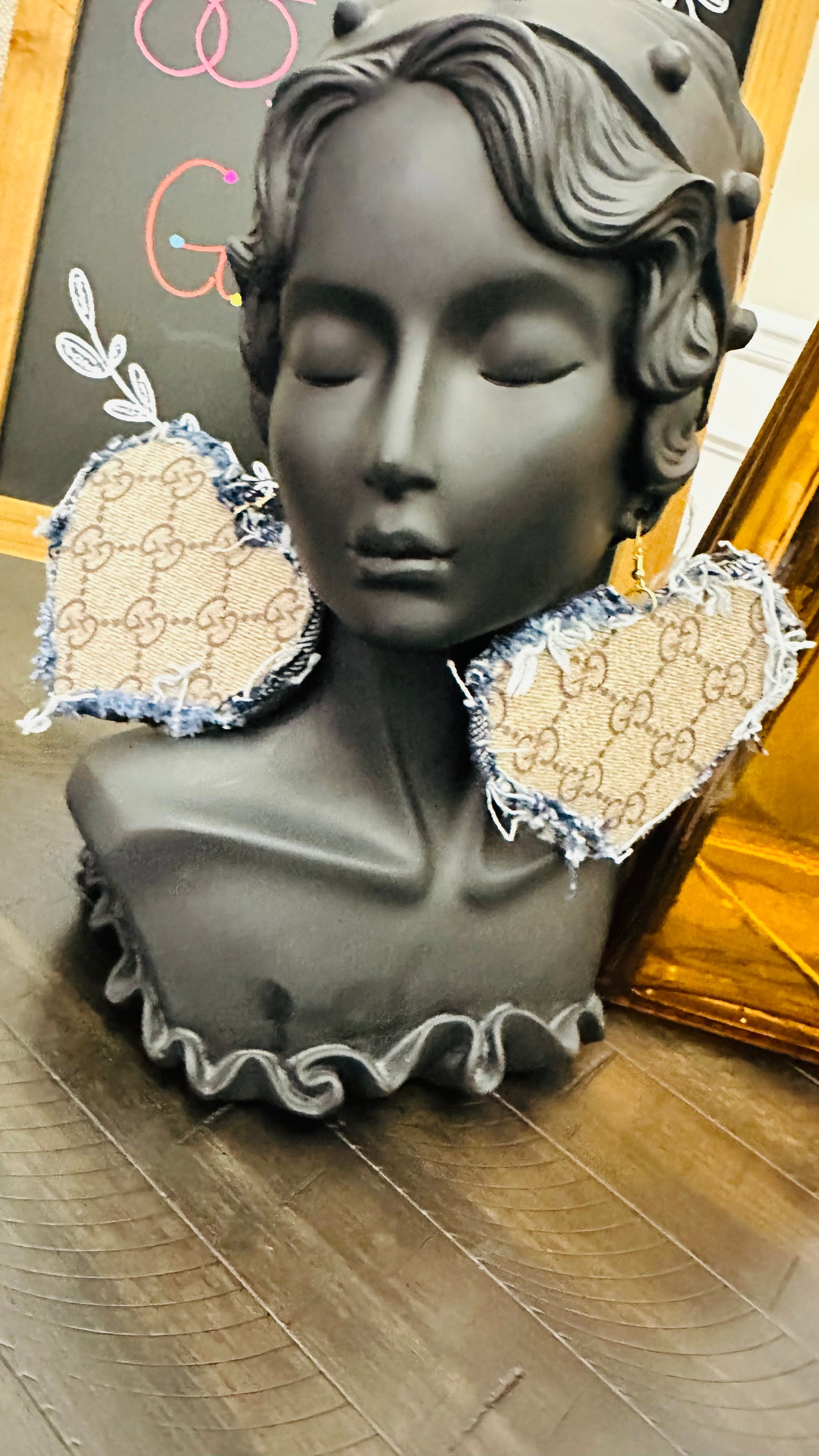 Leather & Distressed Fringed Denim GiGi Heart Shape Earrings