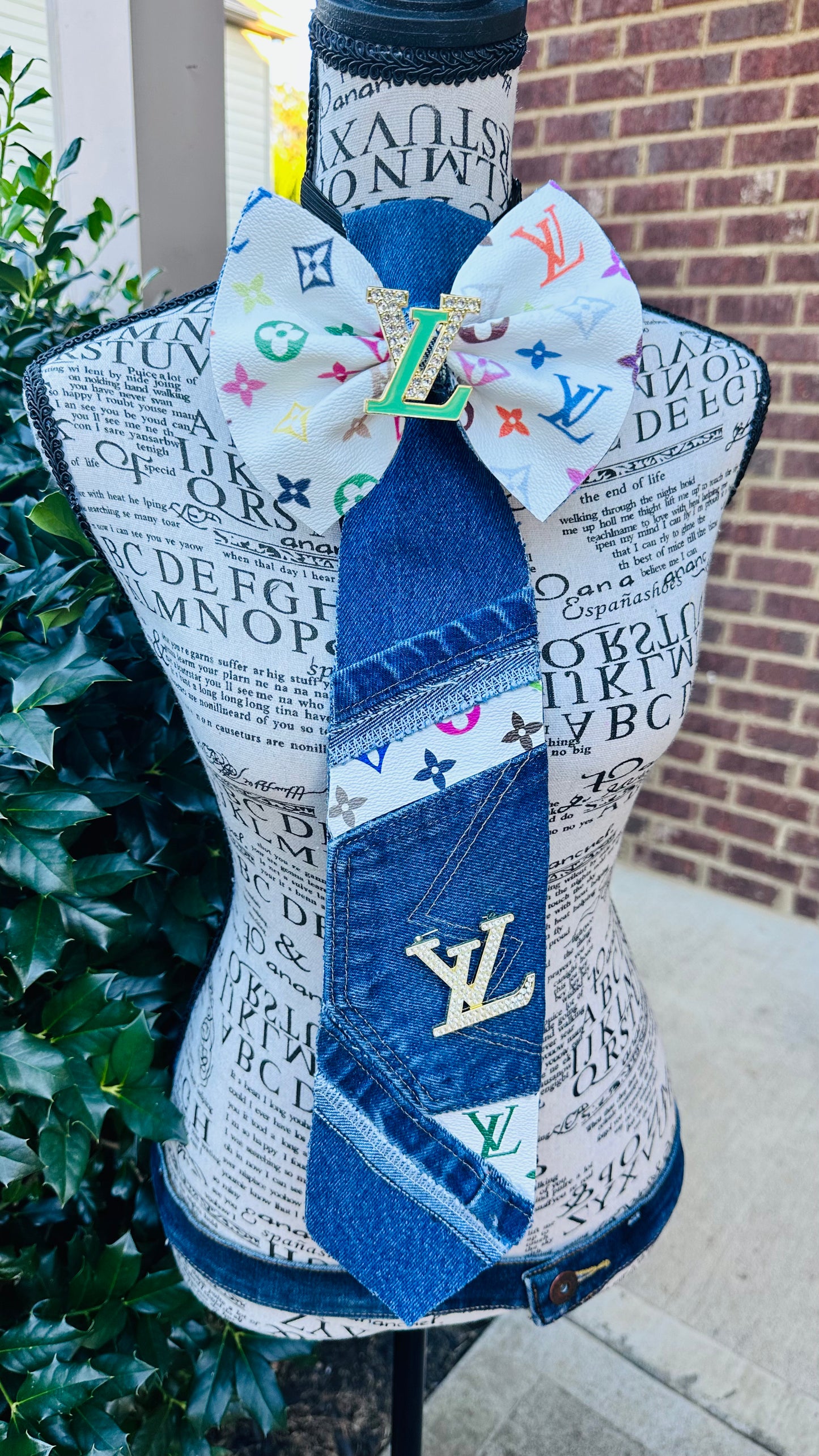 Multicolor Upcycled Distressed Denim with2 large brooches