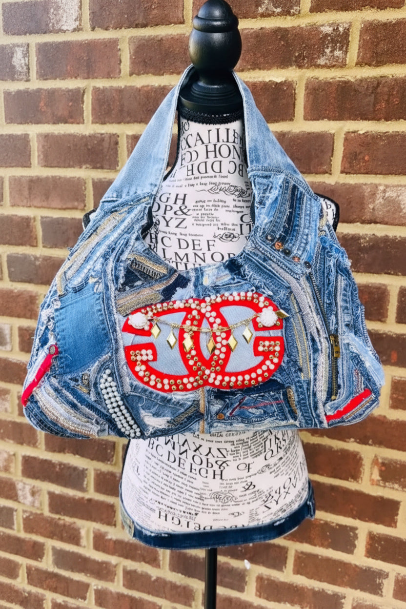 Denim Patchwork Boho Bag with Center Embroidery Patch.