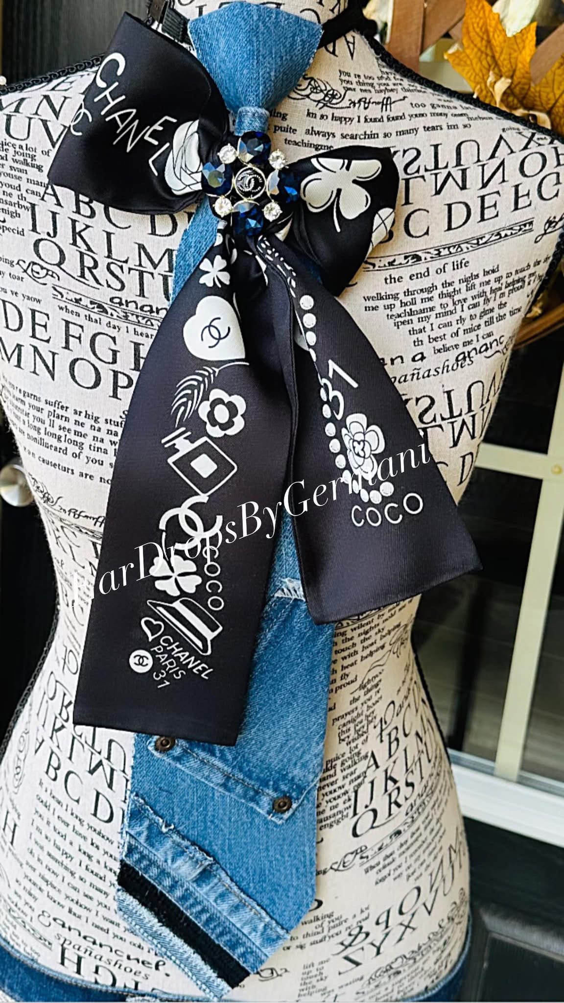 Black & White Silk Scarf CoCo Distressed Denim Bowtie Necktie