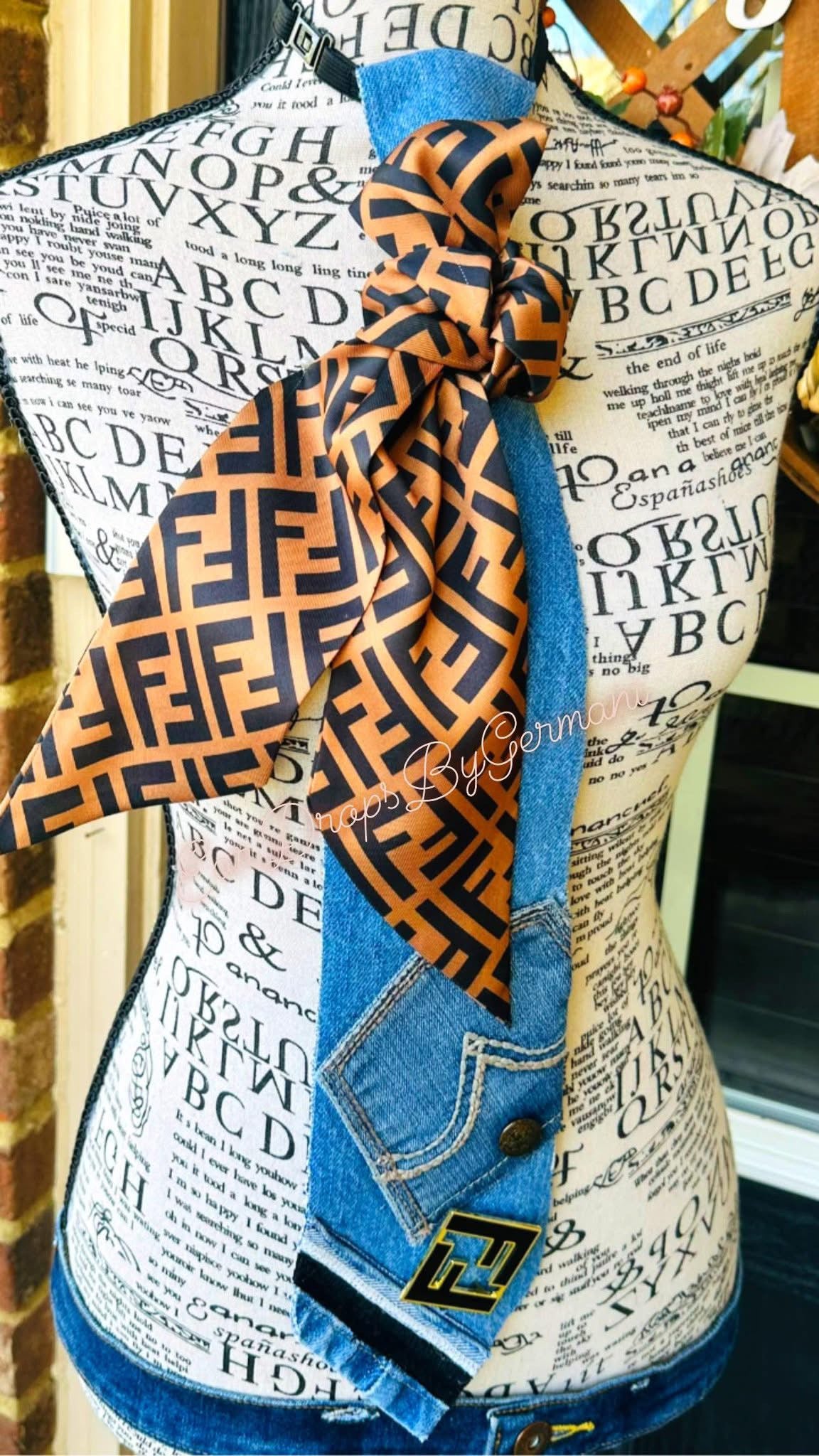 Brown & Black Fendia’ Distressed Denim Bowtie Necktie