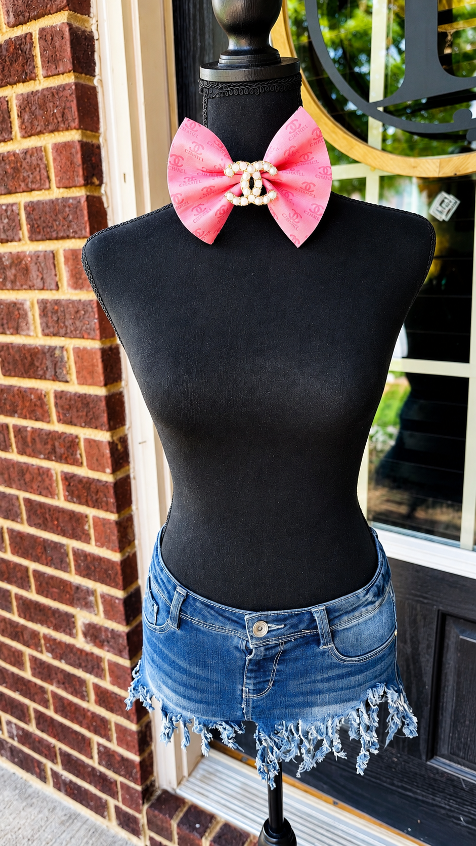 Pink & Denim Chanel Bowtie with center brooch