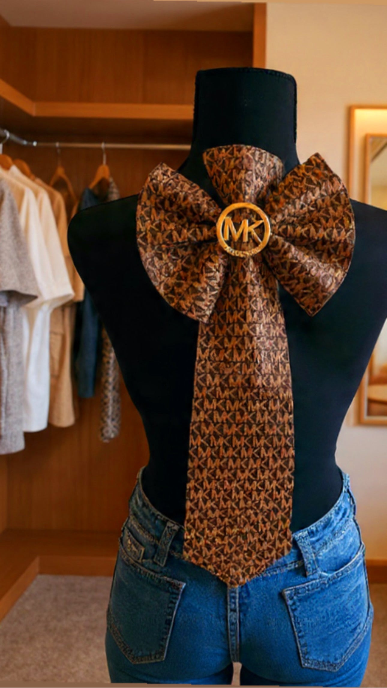 Brown Black M’Kay Leather & Distressed Denim Bowtie Necktie