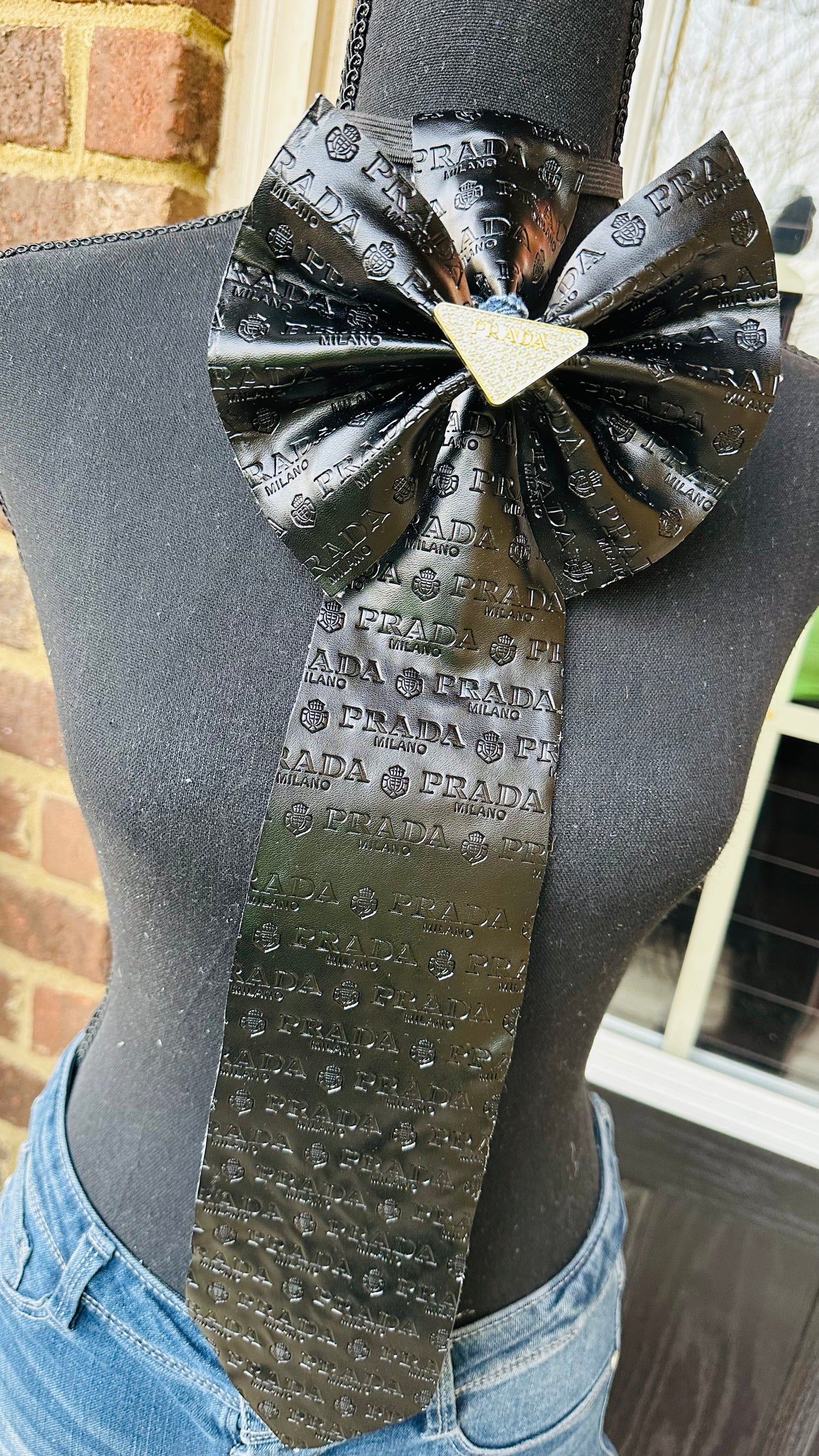 Black Leather Pradia Distressed Denim Bowtie Necktie