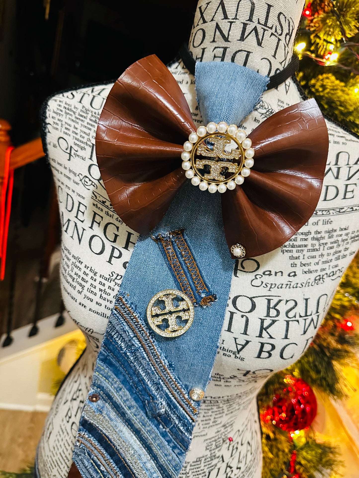 TBM Leather Cognac Color Freestyle Patchwork Denim Bowtie Necktie