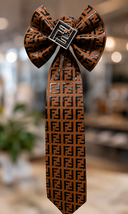 Handmade Cognac & Black Leather Fendi  Denim Bowtie Necktie Necklace