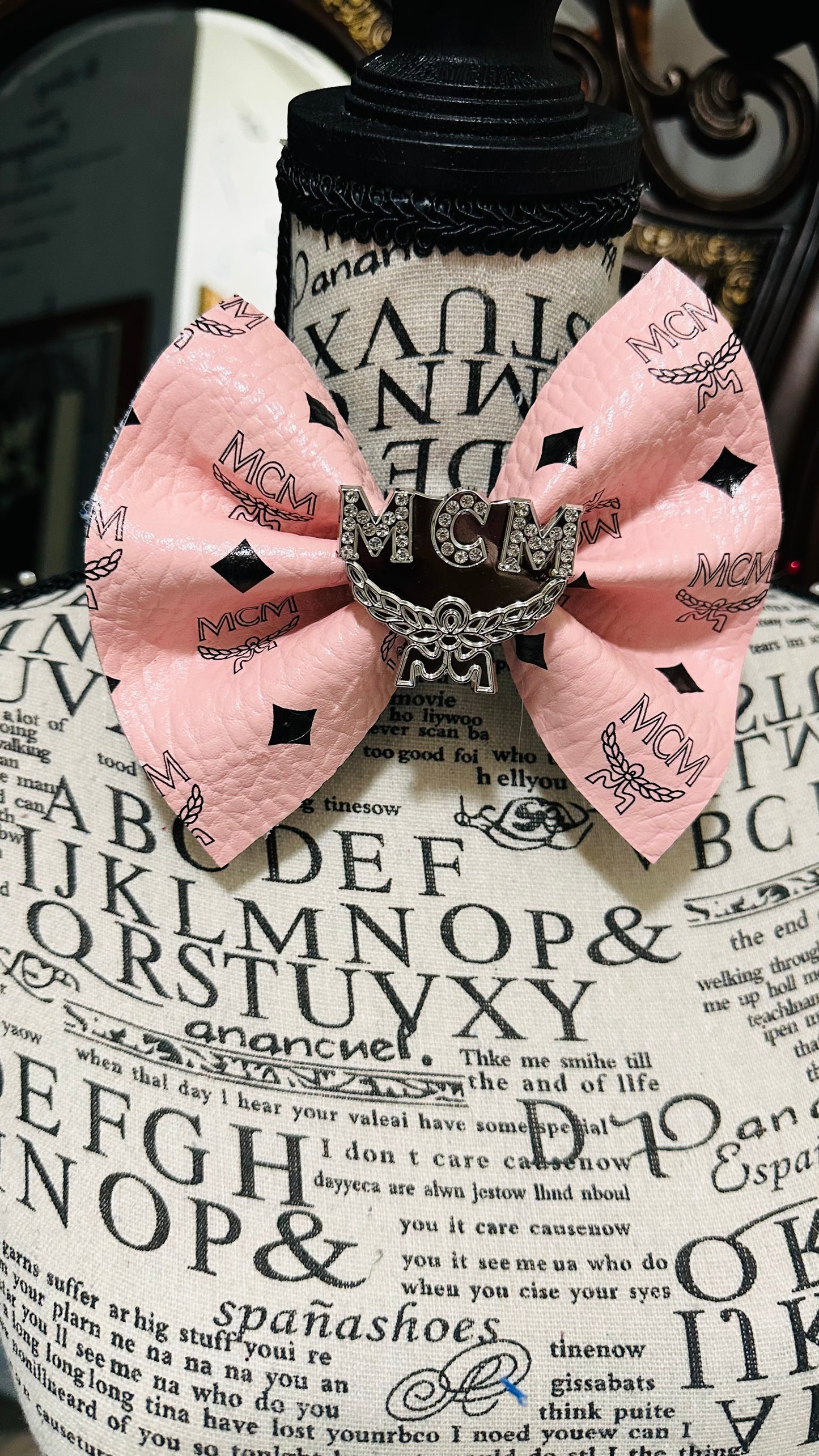 Pink Leather MGM Fashion Bowtie with Brooch