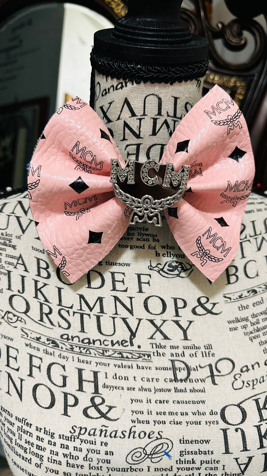 Pink Leather MGM Fashion Bowtie with Brooch