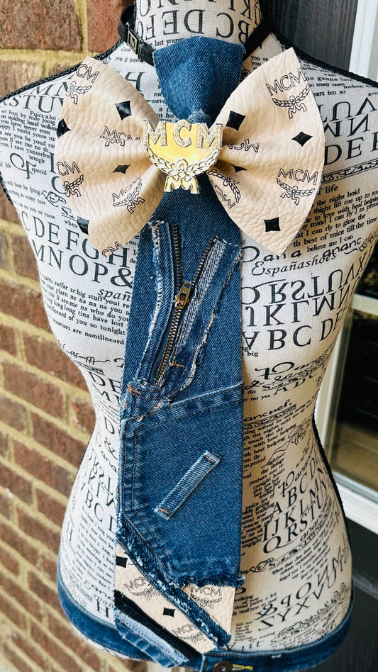White Leather MGM Distressed Denim Bowtie Necktie