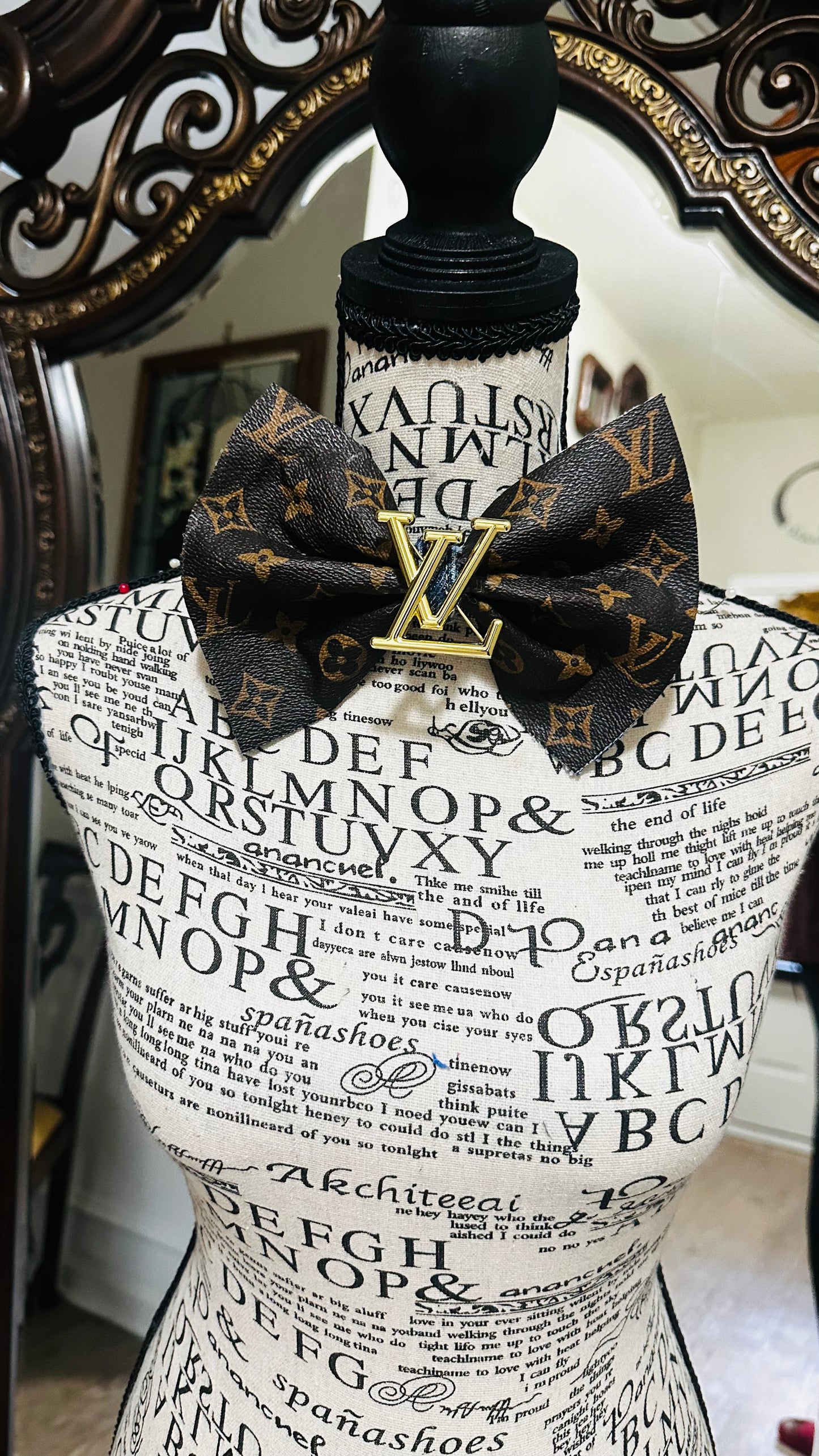 Dark Chocolate Leather  LaVonta with Caramel Drizzle Denim Bowtie with center brooch (brooch style varies)