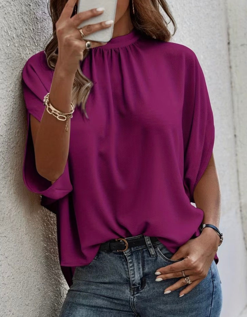 Purple / Fuchsia short sleeve women’s summer blouse with loose draped