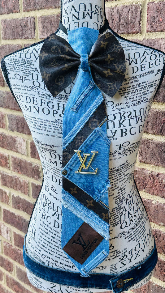 Lauris Distressed Denim Bowtie Necktie (with brooch and embroidery patch)