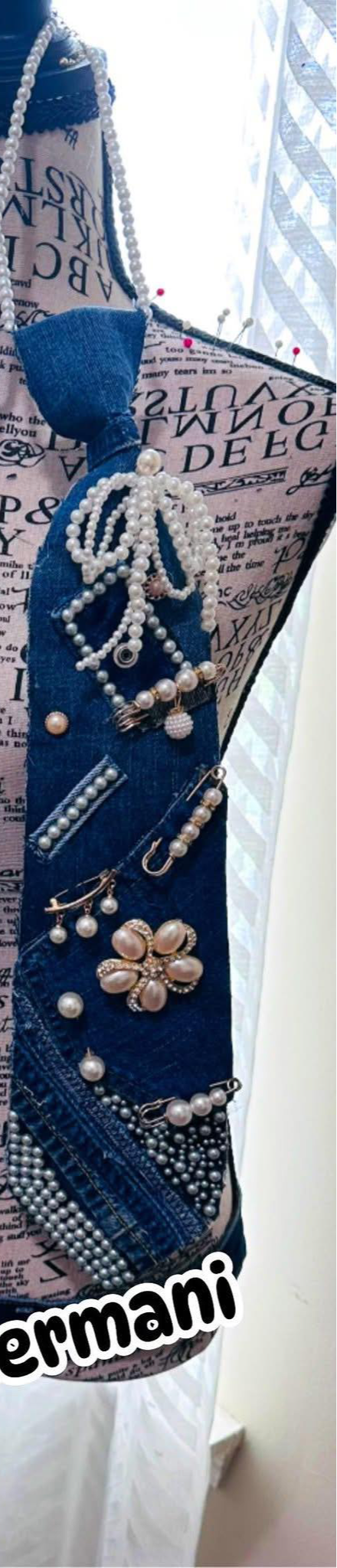 Denim & Pearls Center Brooch  Necktie Necklace