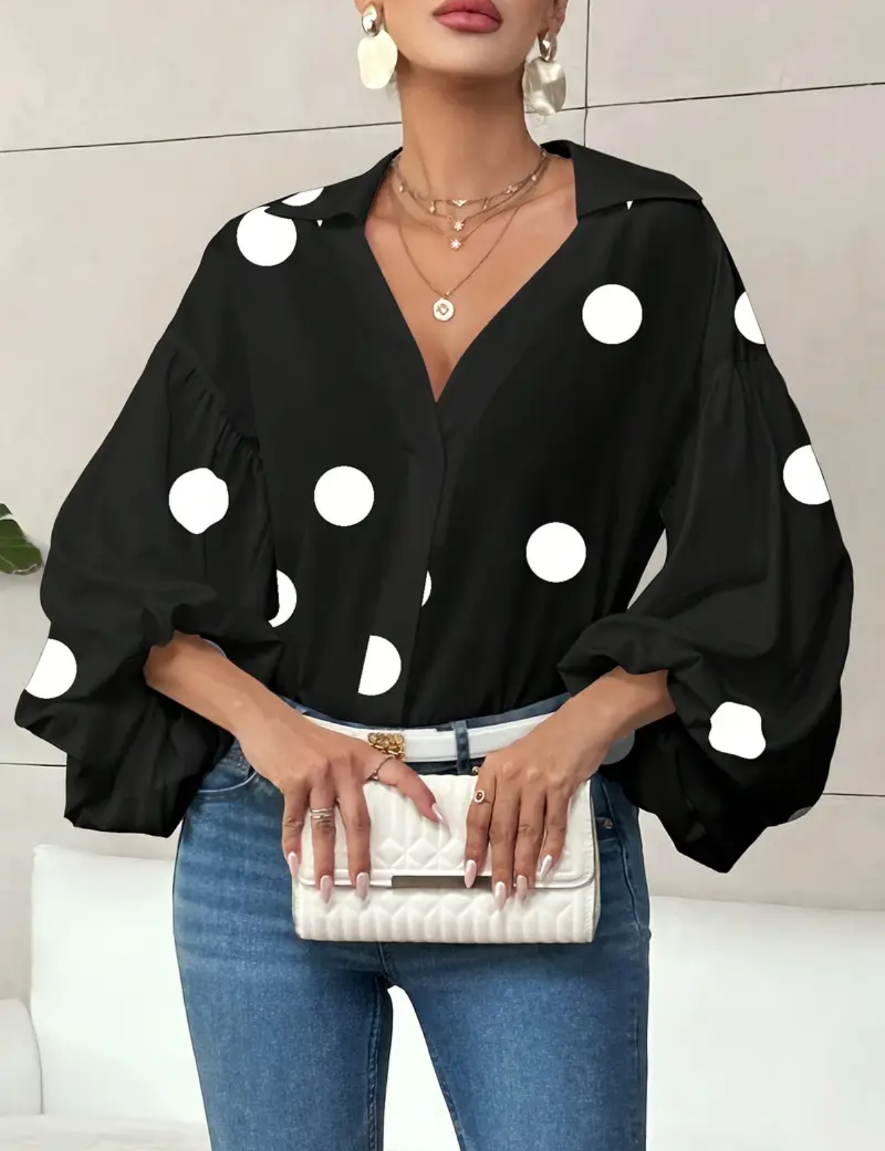 V-Neck Black & White PolkaDot Blouse