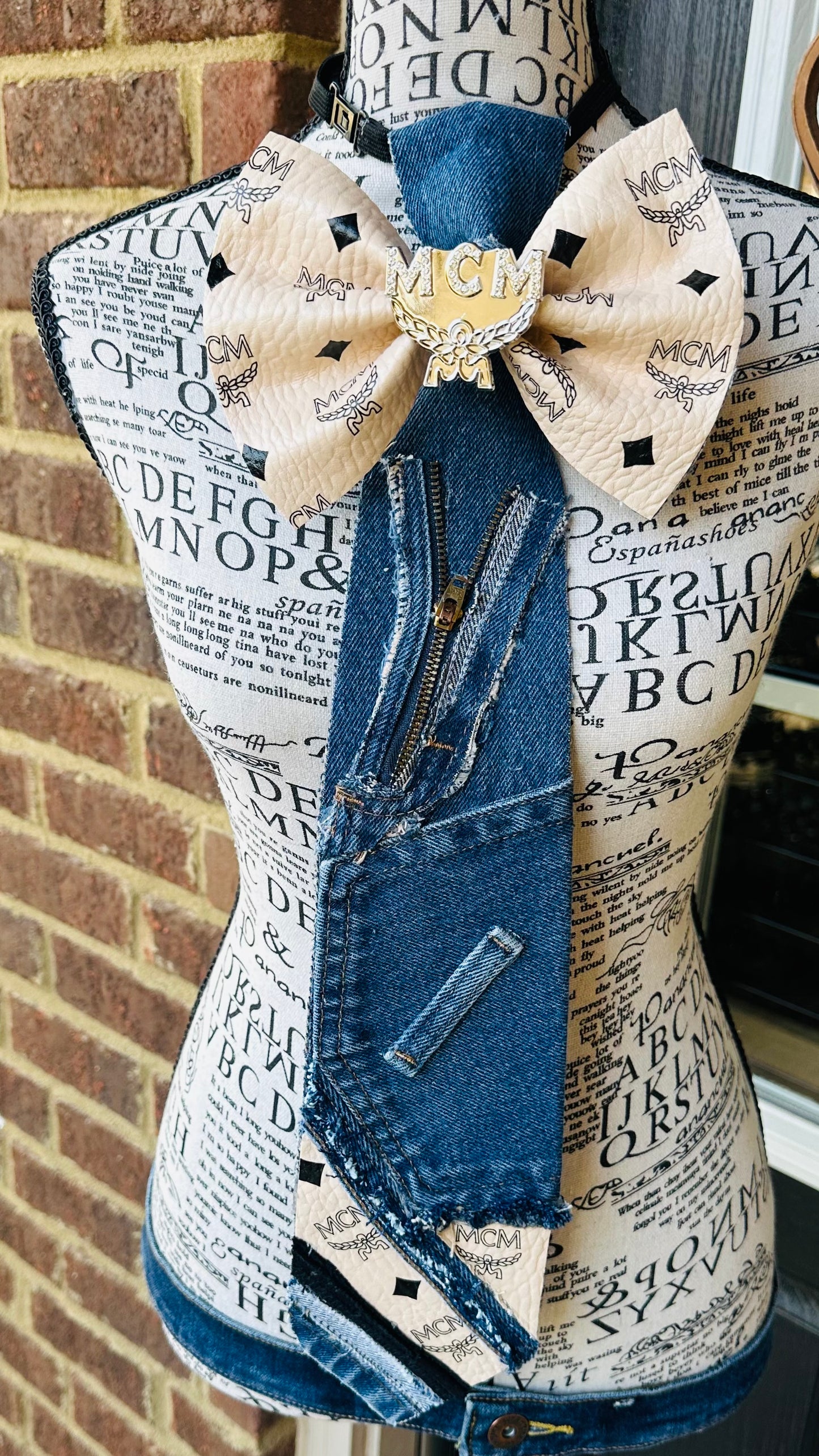 White Leather MGM Distressed Denim Bowtie Necktie
