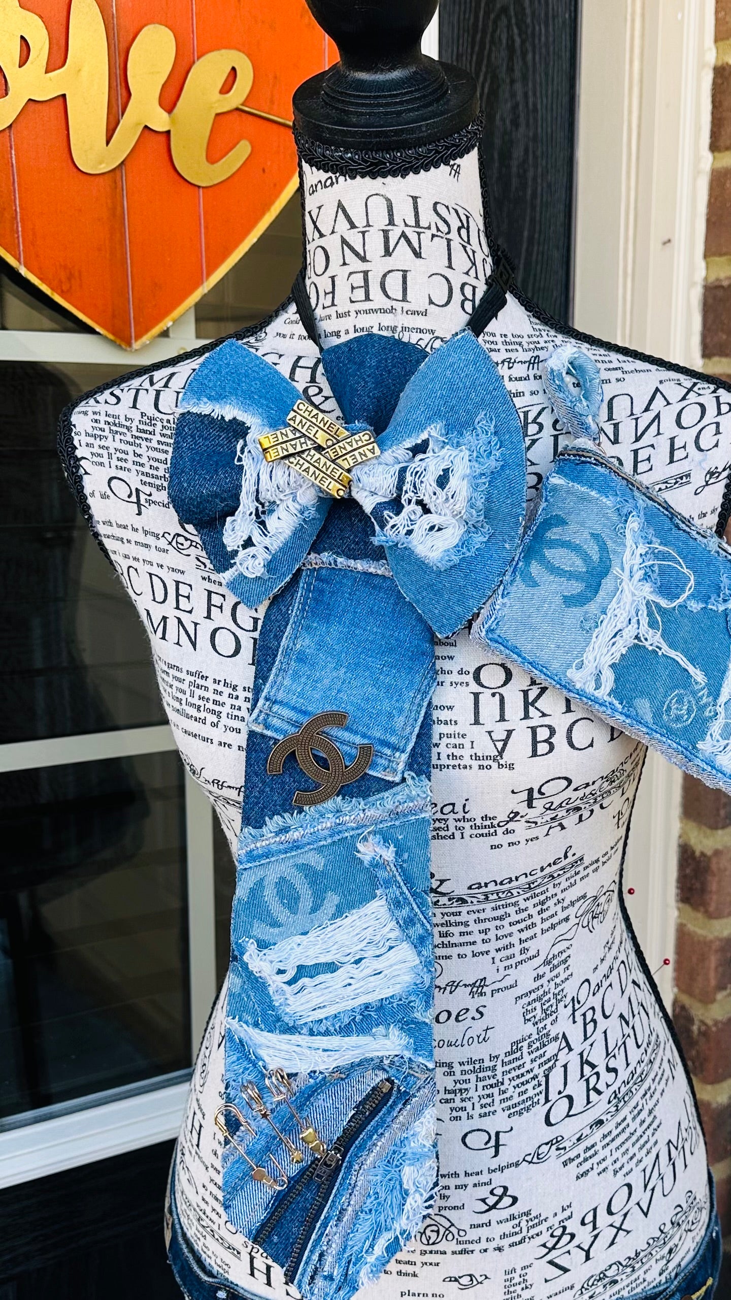 Upcycled Distressed Denim Bowtie Necktie with Matching Wristlet
