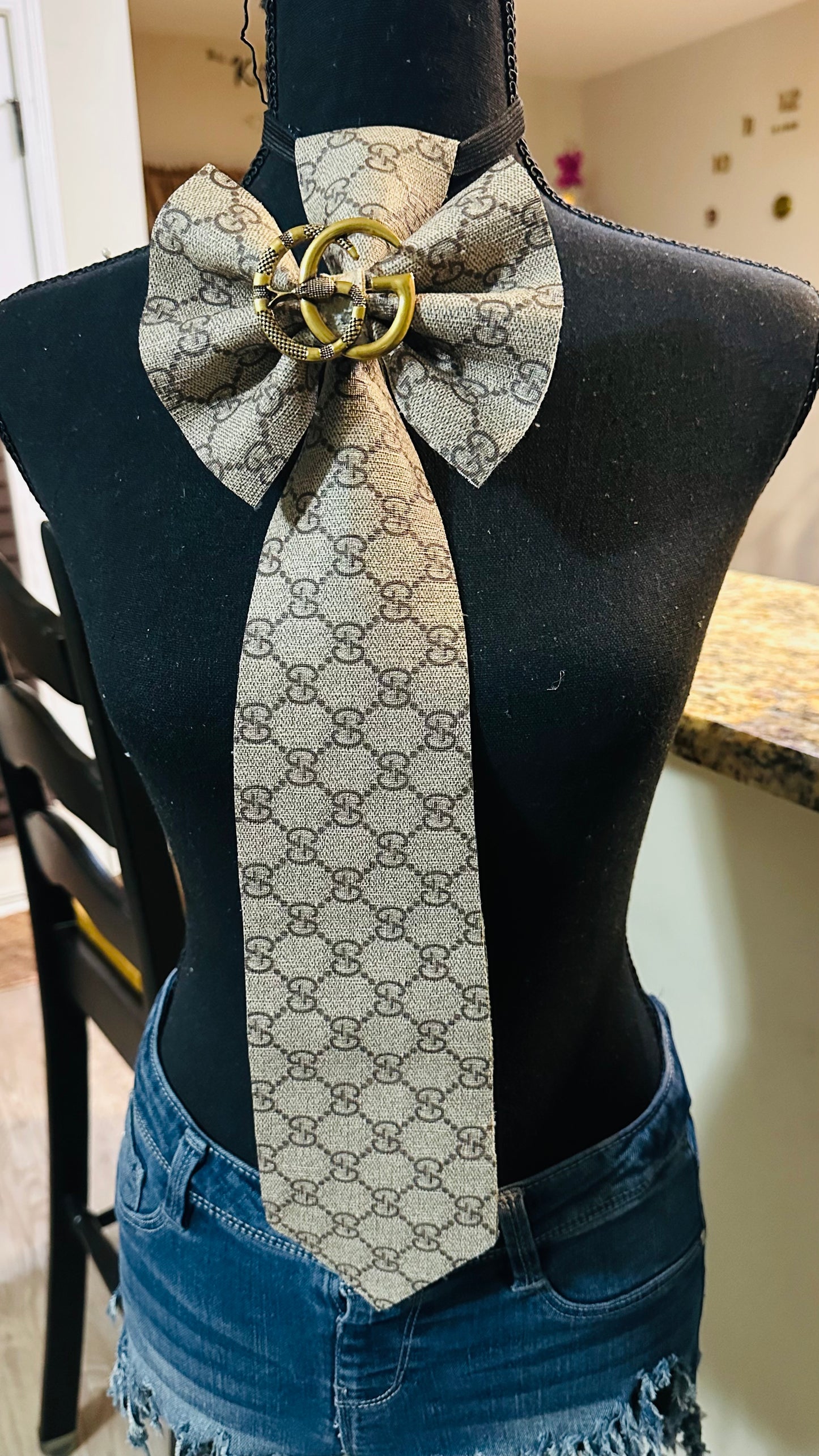 Signature GiGi Leather & Distressed Denim with Center Brooch Bowtie Necktie