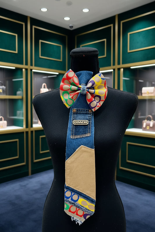 Handmade Women's Denim Bowtie Necklace with Brooch Freestyle MultiColor Leather & Denim Coachella