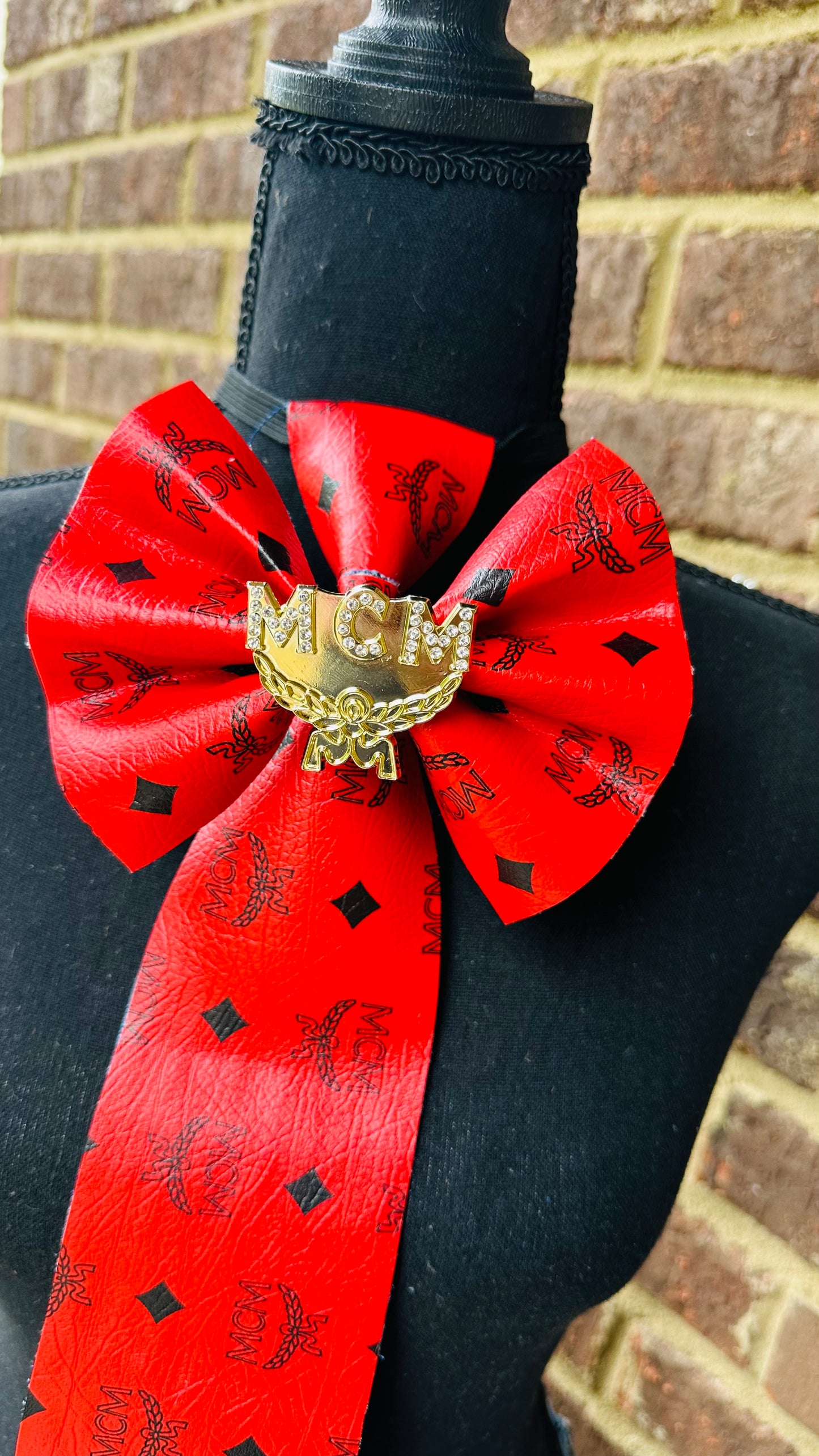 MCM Scarlet Red Leather & Distressed Denim Bowtie Necktie