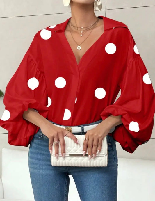 Red French polkadot women’s fashion blouse with loose bubble top ￼