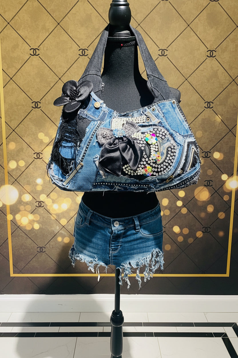 Freestyle Denim Patchwork Boho Bag with Center Embroidery Patch