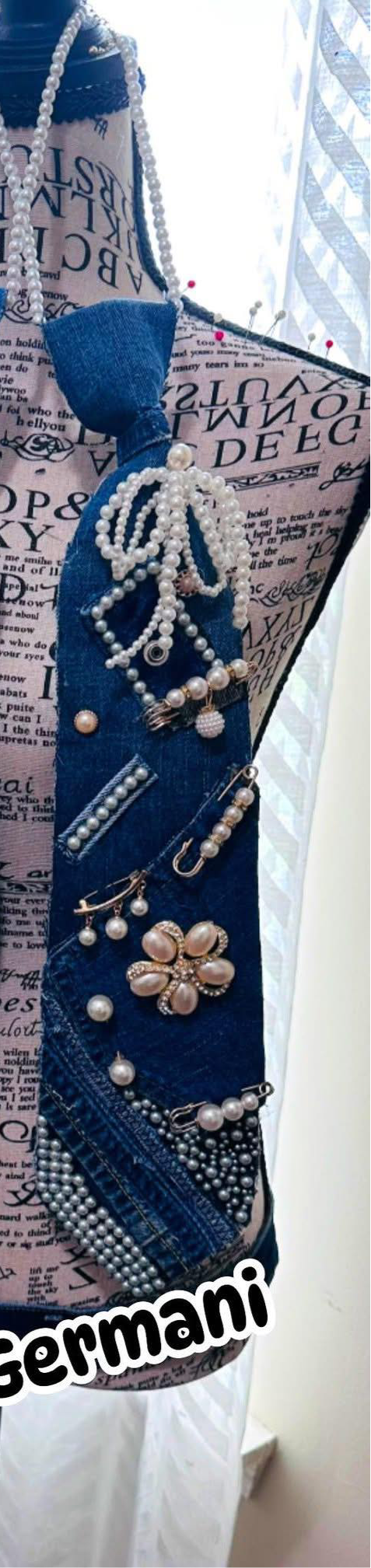 Denim & Pearls Center Brooch  Necktie Necklace