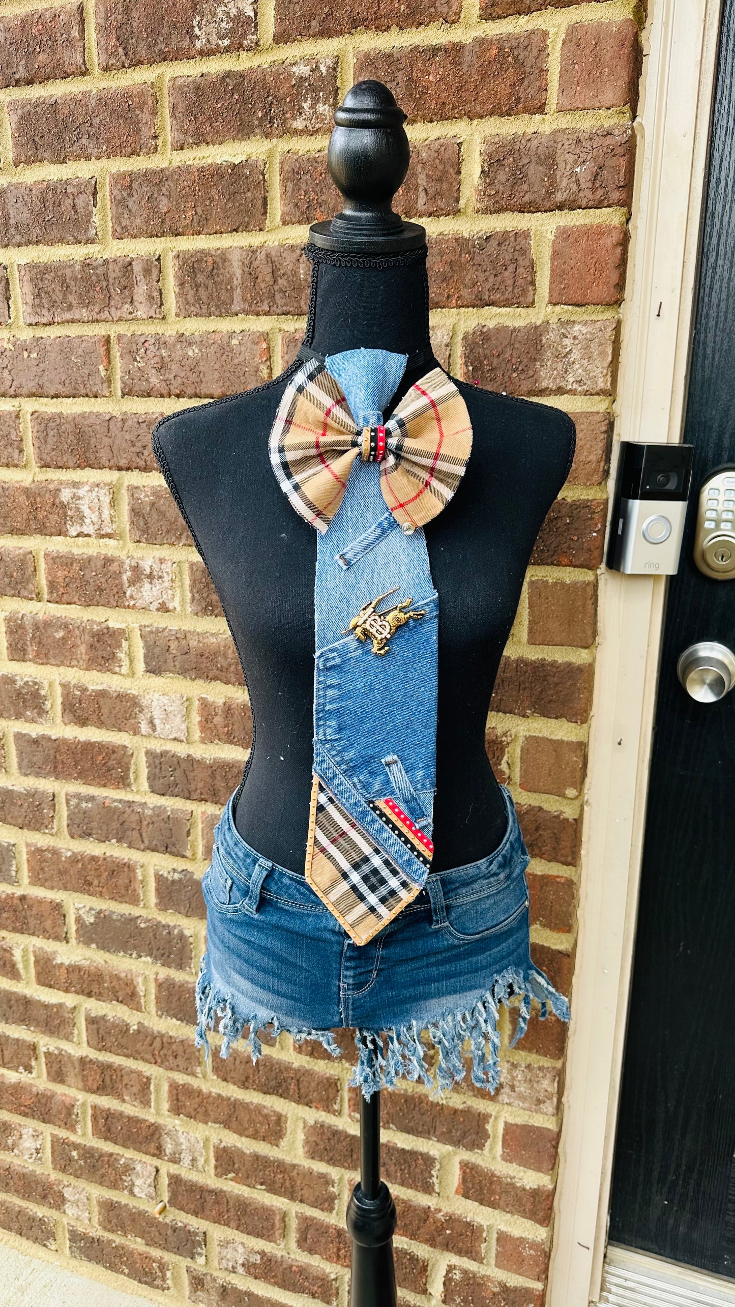 BritishBerry Distressed Denim Bowtie Necktie with large brooch