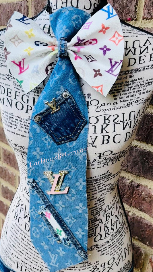 LaVanta Multicolor Fabric & Distressed Denim Fashion Bowtie Necktie