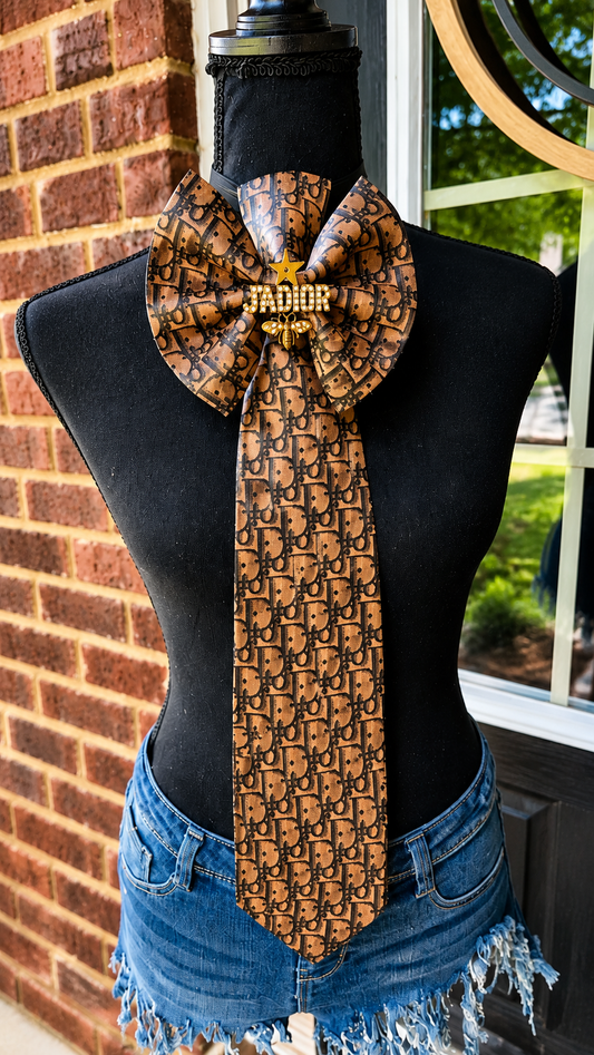 Diora Brown & Black Leather & Distressed Denim Bowtie Necktie