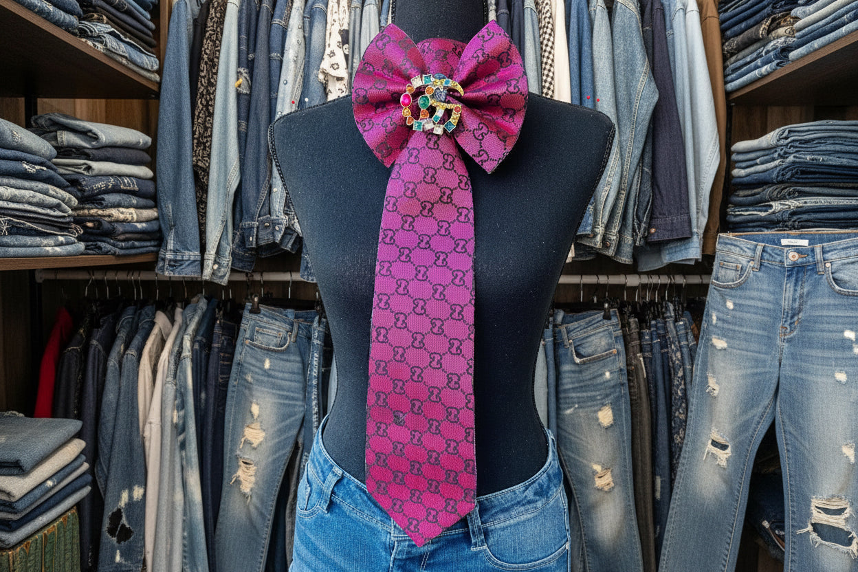 Magenta \ Fuchsia GiGi Distressed Denim Bowtie Necktie