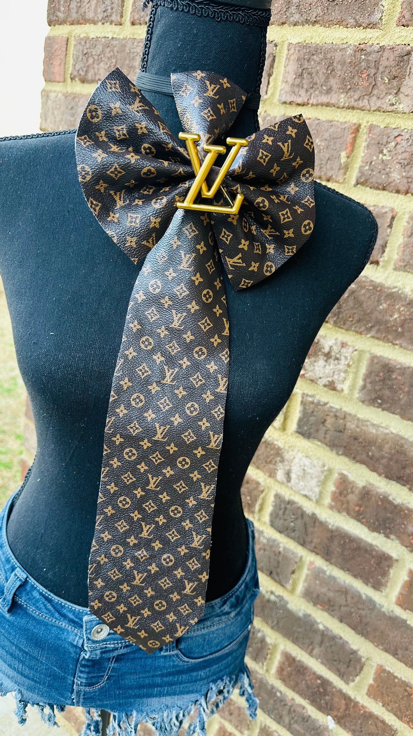 Dark Chocolate L’Vee Soft Leather & Denim Distressed Bowtie Necktie